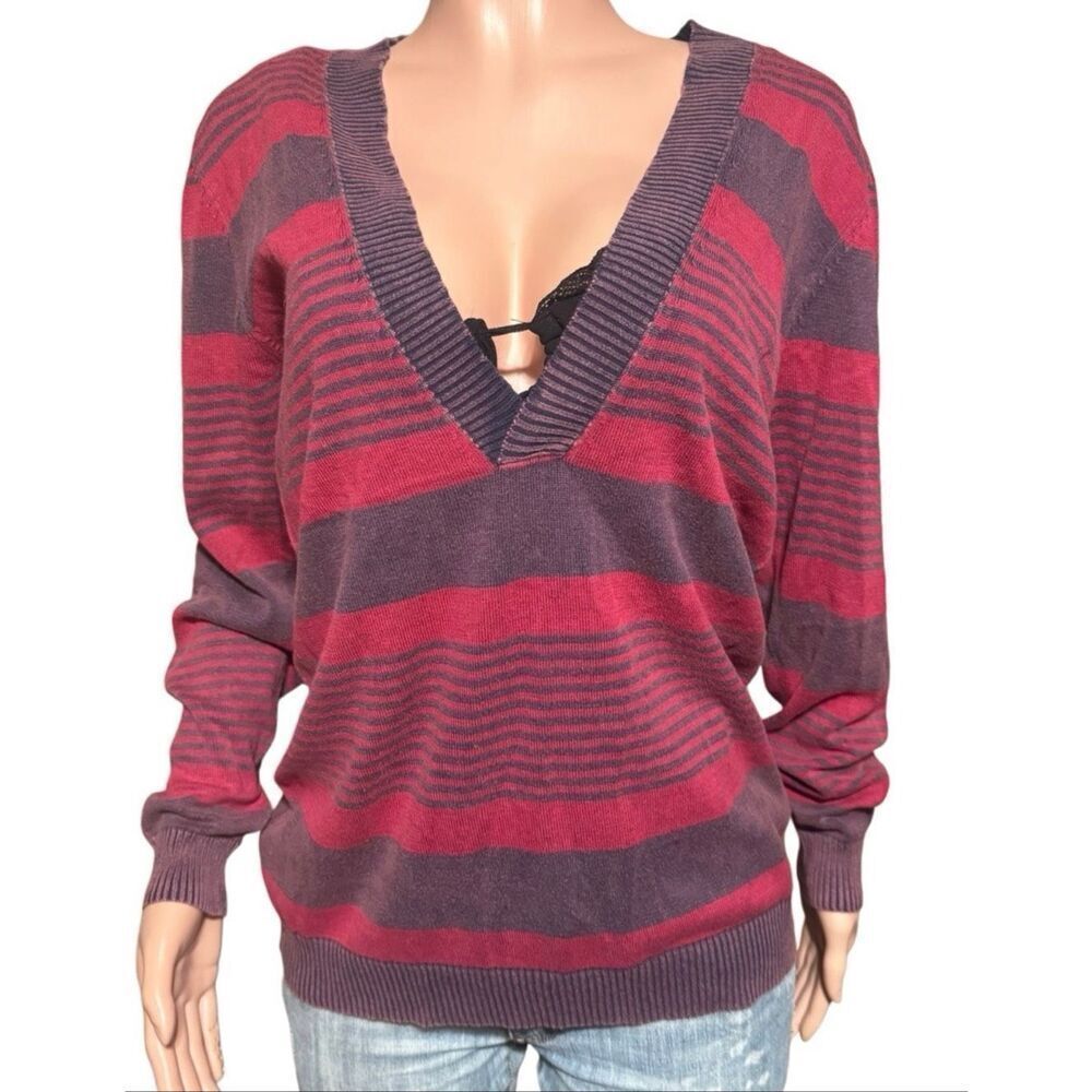 Pulp long sleeve v neck knit pullover stripe sweater top  L